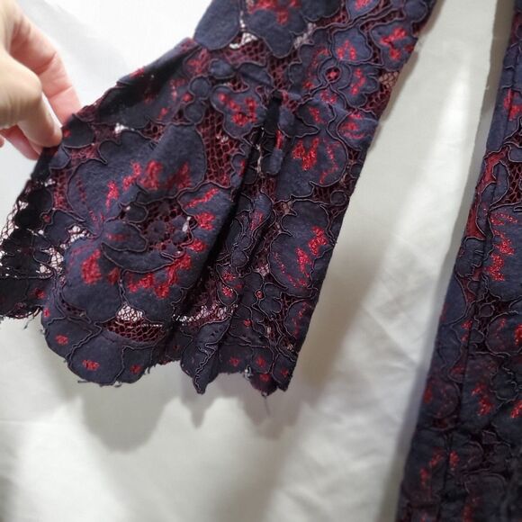 Wayf Navy Burgundy Merrick Lace Dress, Tie Back Bell Sleeve Medium - Picture 6 of 8